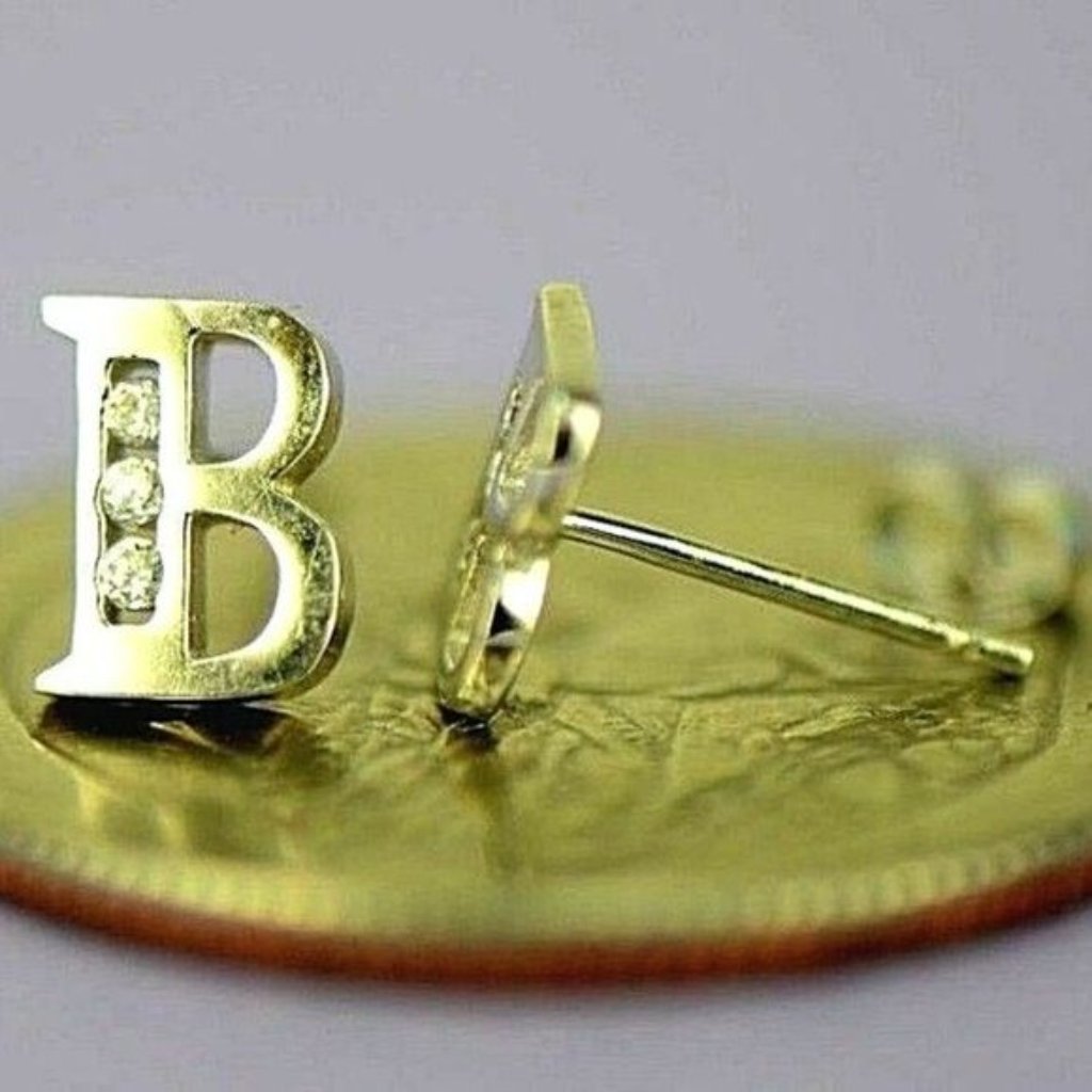 Solid 14k Yellow Gold Initial Letters Stud Earrings Sparkling White Stones B